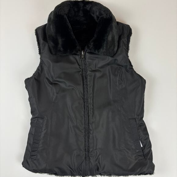 Liz Claiborne Petite M Black Ribbed Faux Fur Full Zip Reversible Vest Pockets - Picture 3 of 10